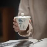 Jade-like White Ceramic Hand-Painted Blue and White Bamboo Gaiwan